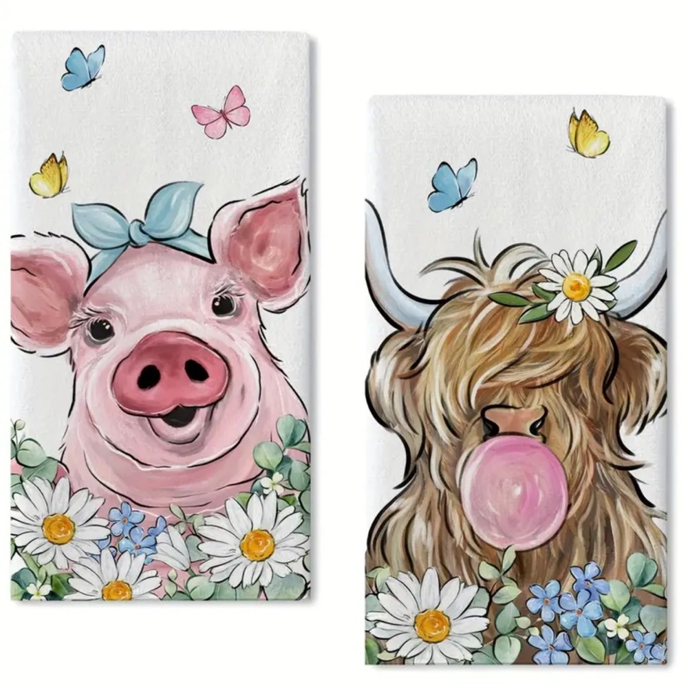 NIP 2 pc Set Hand Towels - PIG & HIGHLAND COW